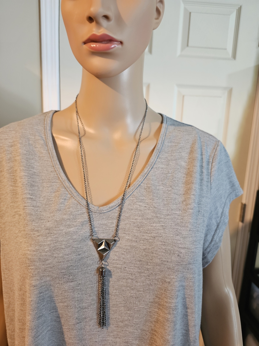 Long Silver Geometric Pendant Tassel Necklace - Women's Jewelry
